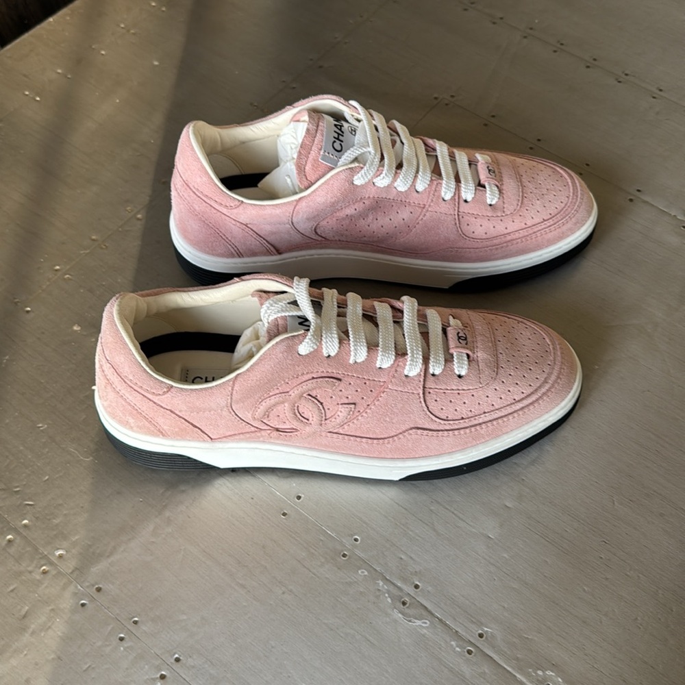 Chanel pink suede trainer sneaker flat s 38.5 - Picture 2 of 11